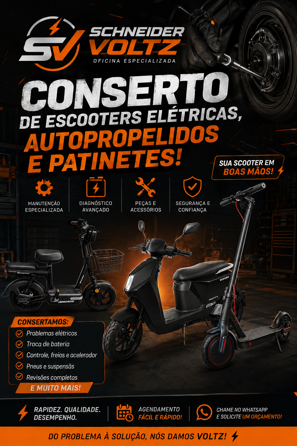 Moto scooter e patinete sendo revisados